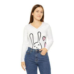 Funny Bunny Print Women's Long Sleeve V-neck Shirt